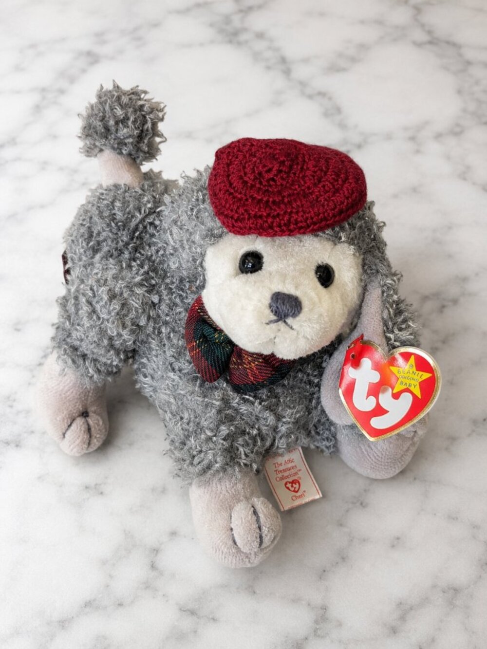 Vintage Ty Attic Treasures Cheri Poodle Plush Red Beret Plaid Bow Retired